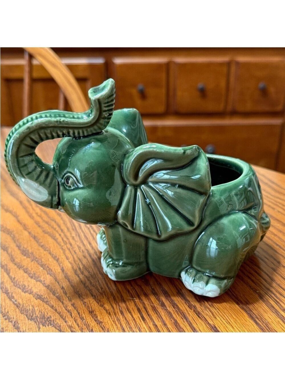 VTG Green Elephant Glazed Ceramic Planter Pot Good Luck Trunk Up - Picture 2 of 7